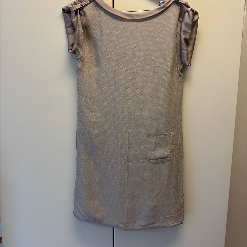 Elegant Taupe Dress with Crew Neck and Satin Detailing